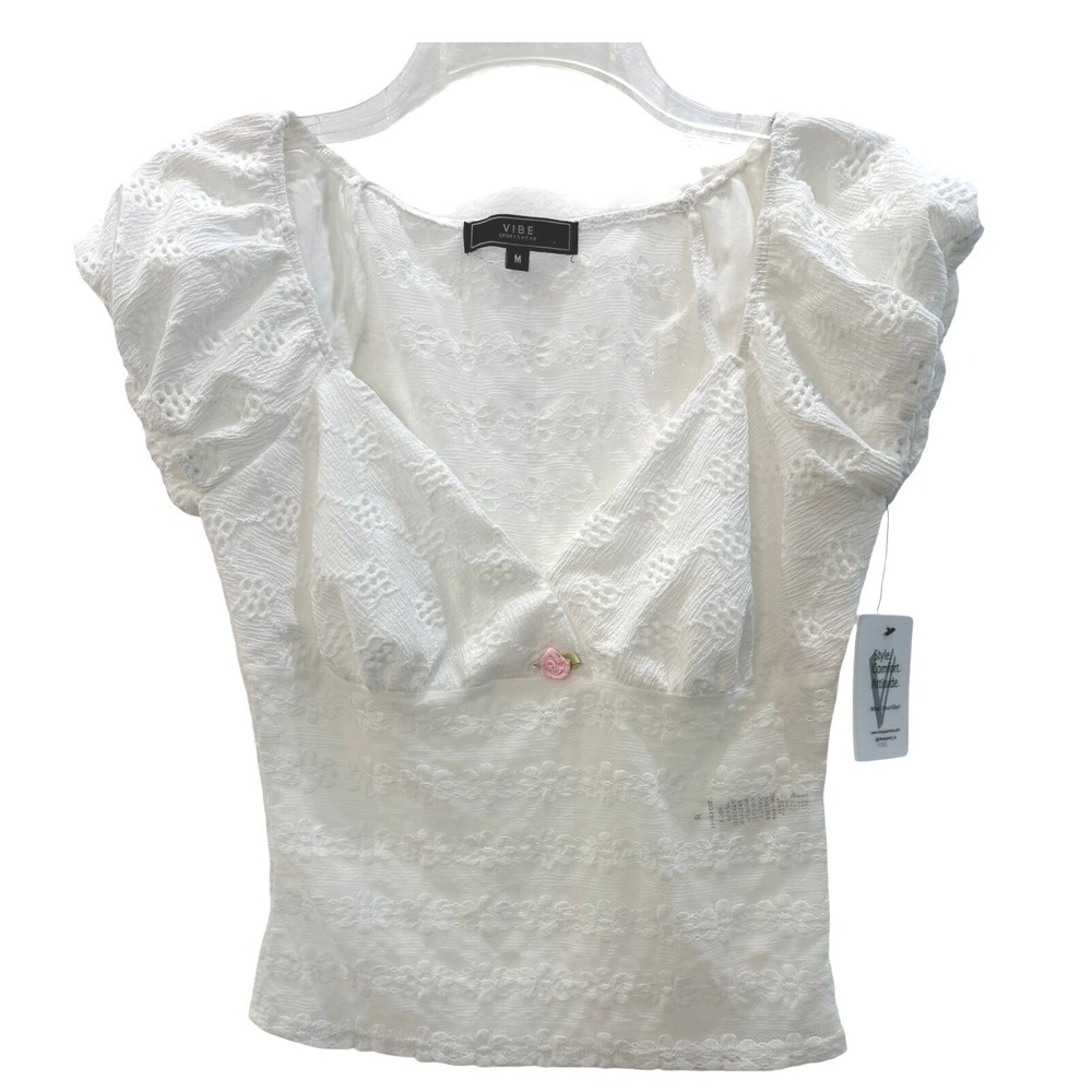 Vibe Sportswear White Floral Lace Puff Sleeve Top Pink Rose Detail NWT Size M